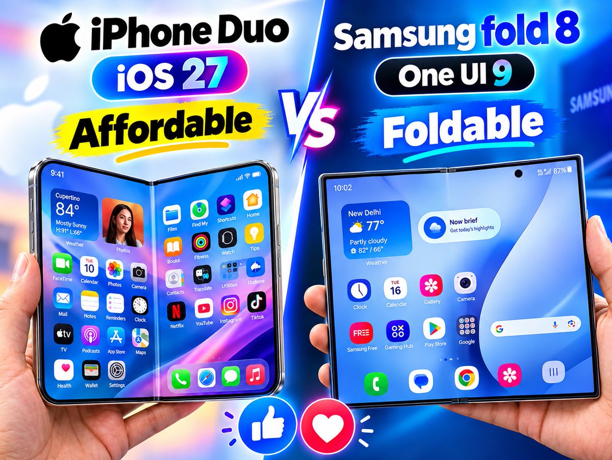 AmTechSA's tweet photo. iPhone Duo vs Samsung Fold 8
iOS 27 vs One UI 9
Affordable or Foldable — Which One Would You Choose?

#iPhoneDuo #iOS27 #SamsungFold8 #OneUI9 https://t.co/TtLQnBPQAU