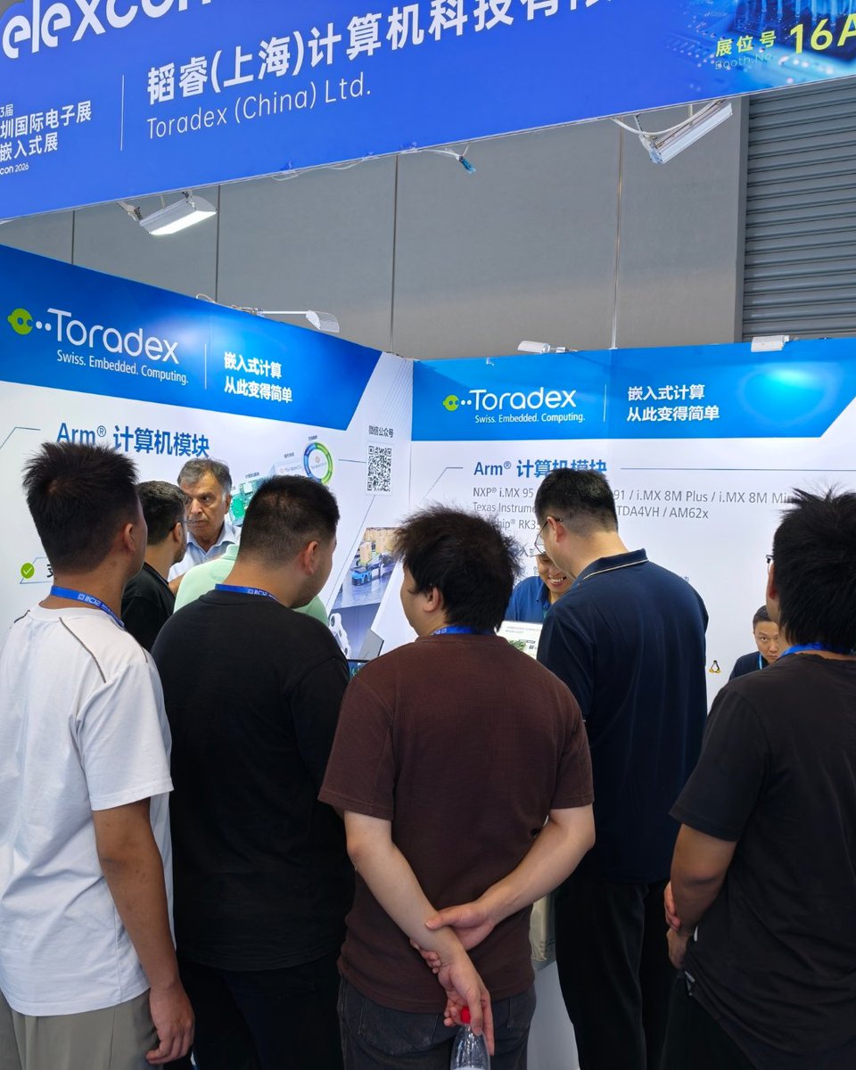Toradex's tweet photo. Great conversations and plenty of embedded innovation at @elexconchina 2026 in Shenzhen!
There’s still one day to go. Visit the Toradex booth to meet the Toradex and Torizon teams and talk embedded computing, Edge AI, and Linux.
#Toradex #elexcon2026 #EdgeAI #Torizon https://t.co/DbLAyVBfH2