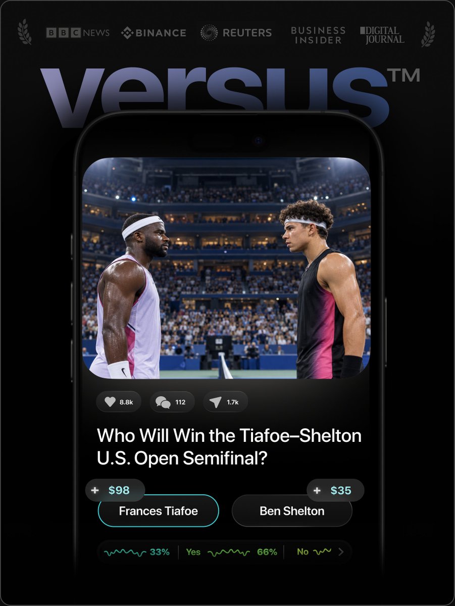 versusapp's tweet photo. It’s an all-American showdown at the U.S. Open. Frances Tiafoe battled back from two sets down, while Ben Shelton stunned defending champion Carlos Alcaraz—now only one can reach the final.

Who wins the semifinal?

Make your prediction on versus: https://t.co/VS5urHvH0V

#PredictionMarkets #USOpen #Tennis #SportsNews
