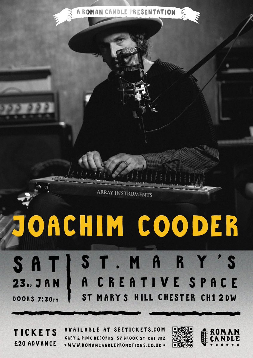 RC_Promotions's tweet photo. *GIG ANNOUNCEMENT*

We welcome @JoachimCooder to St Mary's, Chester, on Sat 23rd Jan.

🎫: @seetickets

Joachim Cooder is a drummer, percussionist, &amp; keyboardist best known for his collaborations with his father, Ry Cooder.

We're so excited for this one!

https://t.co/Wk45Ggs0t2 https://t.co/xncmC16zT7