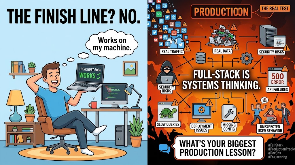 Siddikur85's tweet photo. “Works on my machine” is not the finish line.
Production introduces:
• Real traffic
• Real data
• Security risks
• Slow queries
• API failures
• Deployment issues
• Missing config
• Unexpected user behavior
Full-stack development isn't just frontend + backend.
It's unders https://t.co/iOOIERXPpT