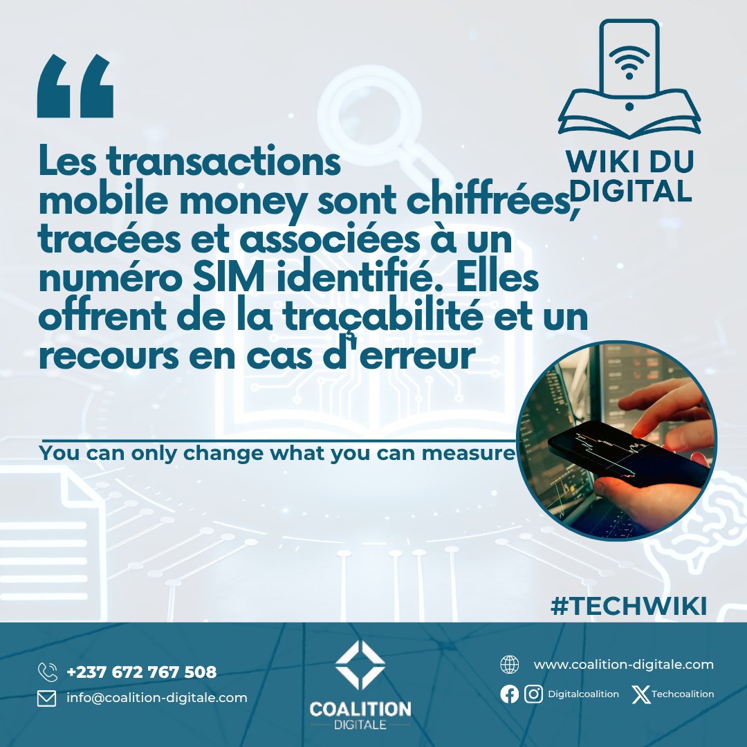 TechCoalition's tweet photo. 📌#WikiDuDigital 
🔍 #FactVsFiction  

🔴 Mythe : Envoyer de l'argent via mobile money, c'est risqué.
✅ Réalité : Les transactions mobile money sont chiffrées, tracées et associées à un numéro SIM identifié. 

Votre avis en commentaire  👇

#DigitalCoalition #CoalitionDigitale https://t.co/rtpfttAVEk
