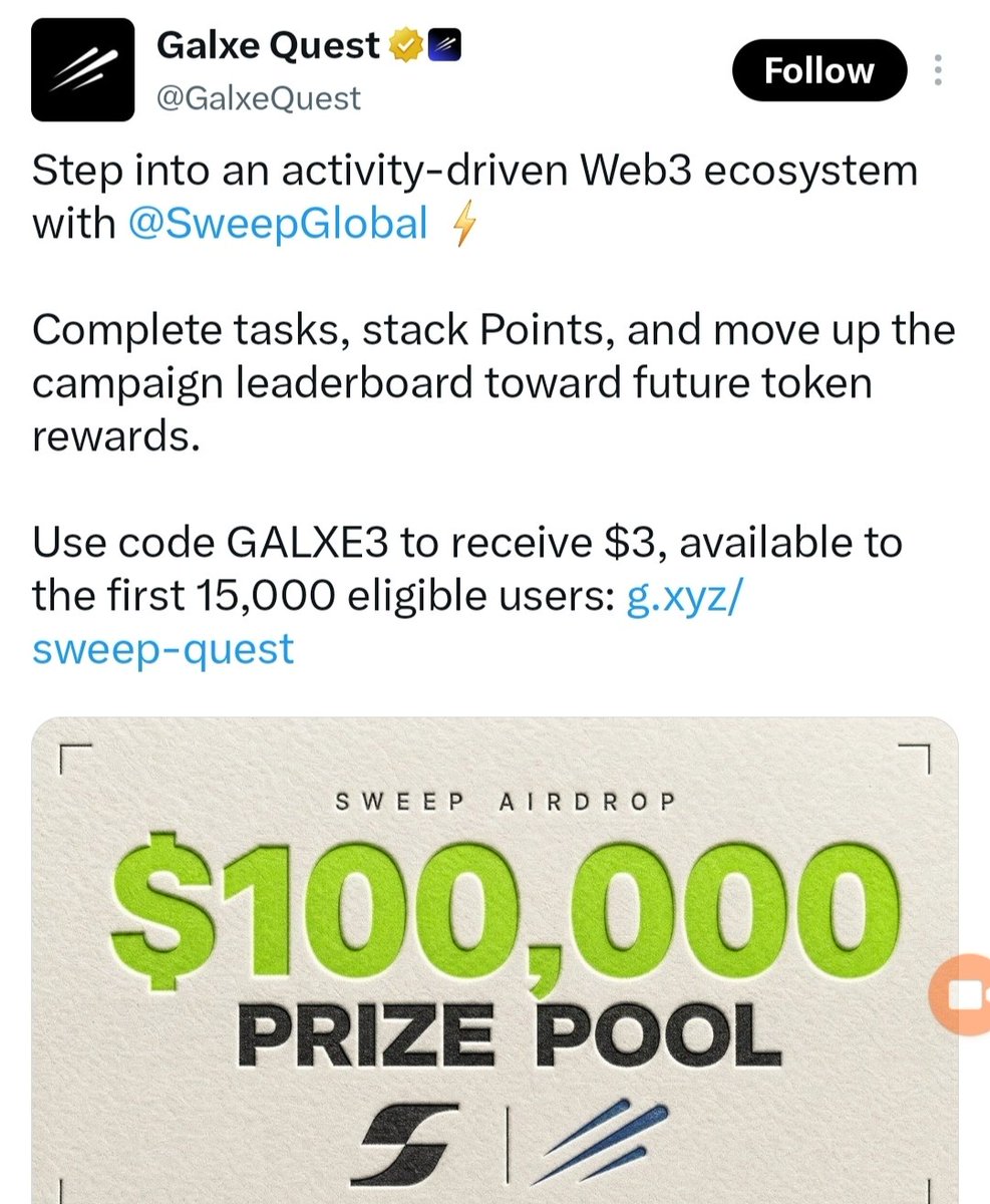 crypto9833's tweet photo. Sweep X Galxe Campaign
๐ฐGet $100,000 USDT
๐For TOP User
โฝ Offer Link: https://t.co/loqOaieRzW
๐ Connect your wallet & use the same email you previously used on the website
- Complete All Task
- Do Some Refer ( if Possible)
- Done
@sweepglobal #sweepglobal https://t.co/Fayf0Hl245