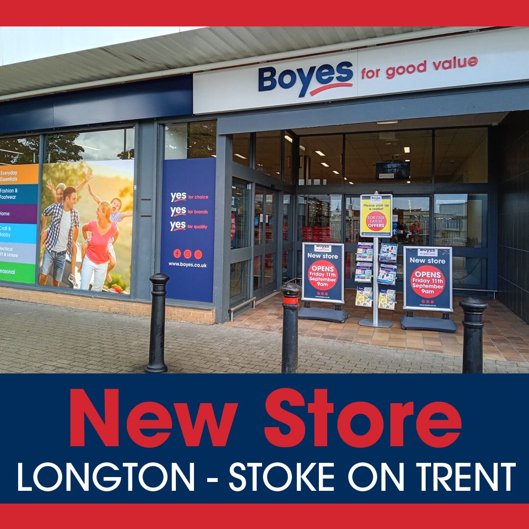 BoyesStores's tweet photo. Our new store at Longton Exchange Shopping Centre - Stoke on Trent opens tomorrow at 9am!
We look forward to welcoming you in-store with some great offers &amp; savings 🛍

#boyes #boyesstores #longton #newstore #new https://t.co/KvQdMXidcy