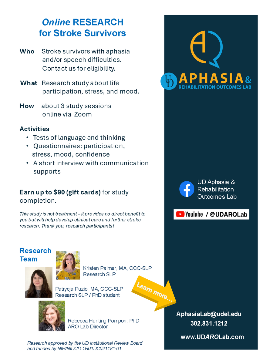 UD_CHRC's tweet photo. Online Aphasia Research for Stroke Survivors
Research study about life participation, stress, and mood. Three study sessions online via Zoom and you can earn up to $90 (gift cards) for study completion.
Email us today! https://t.co/kMxdVU6M5j