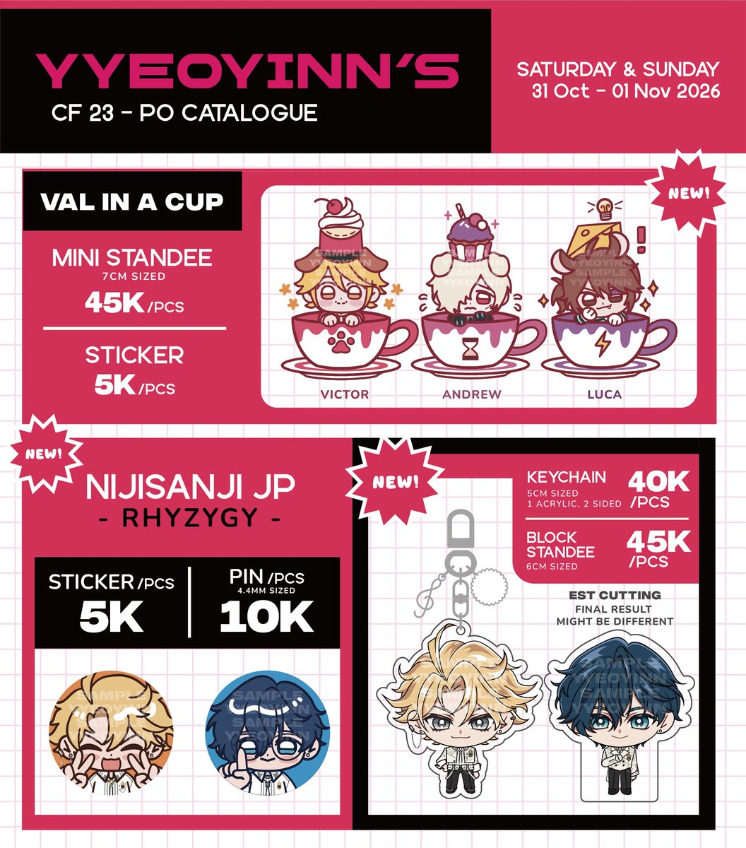 yyeoyinn's tweet photo. [ 🔁 &amp; ❤️ r very appreciated! ]

YYEOYINN’S #CF23 PO CATALOGUE ✨

📅 PO Period: 10 - 17 Sept
📦 Pick up OTS &amp; Mail Order

✨ Fandom: 
Nijisanji JP • Twisted Wonderland • ZZZ • Pink Bitch Club • ALNST • Identity V

🔗 &amp; more info on the thread ⬇️
#COMIFURO23 https://t.co/WQXMyAw0p8