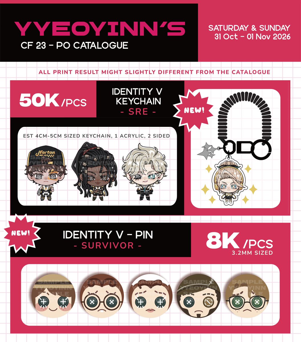 yyeoyinn's tweet photo. [ 🔁 &amp; ❤️ r very appreciated! ]

YYEOYINN’S #CF23 PO CATALOGUE ✨

📅 PO Period: 10 - 17 Sept
📦 Pick up OTS &amp; Mail Order

✨ Fandom: 
Nijisanji JP • Twisted Wonderland • ZZZ • Pink Bitch Club • ALNST • Identity V

🔗 &amp; more info on the thread ⬇️
#COMIFURO23 https://t.co/WQXMyAw0p8