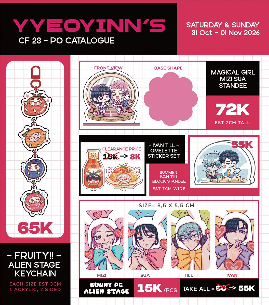 yyeoyinn's tweet photo. [ 🔁 &amp; ❤️ r very appreciated! ]

YYEOYINN’S #CF23 PO CATALOGUE ✨

📅 PO Period: 10 - 17 Sept
📦 Pick up OTS &amp; Mail Order

✨ Fandom: 
Nijisanji JP • Twisted Wonderland • ZZZ • Pink Bitch Club • ALNST • Identity V

🔗 &amp; more info on the thread ⬇️
#COMIFURO23 https://t.co/WQXMyAw0p8