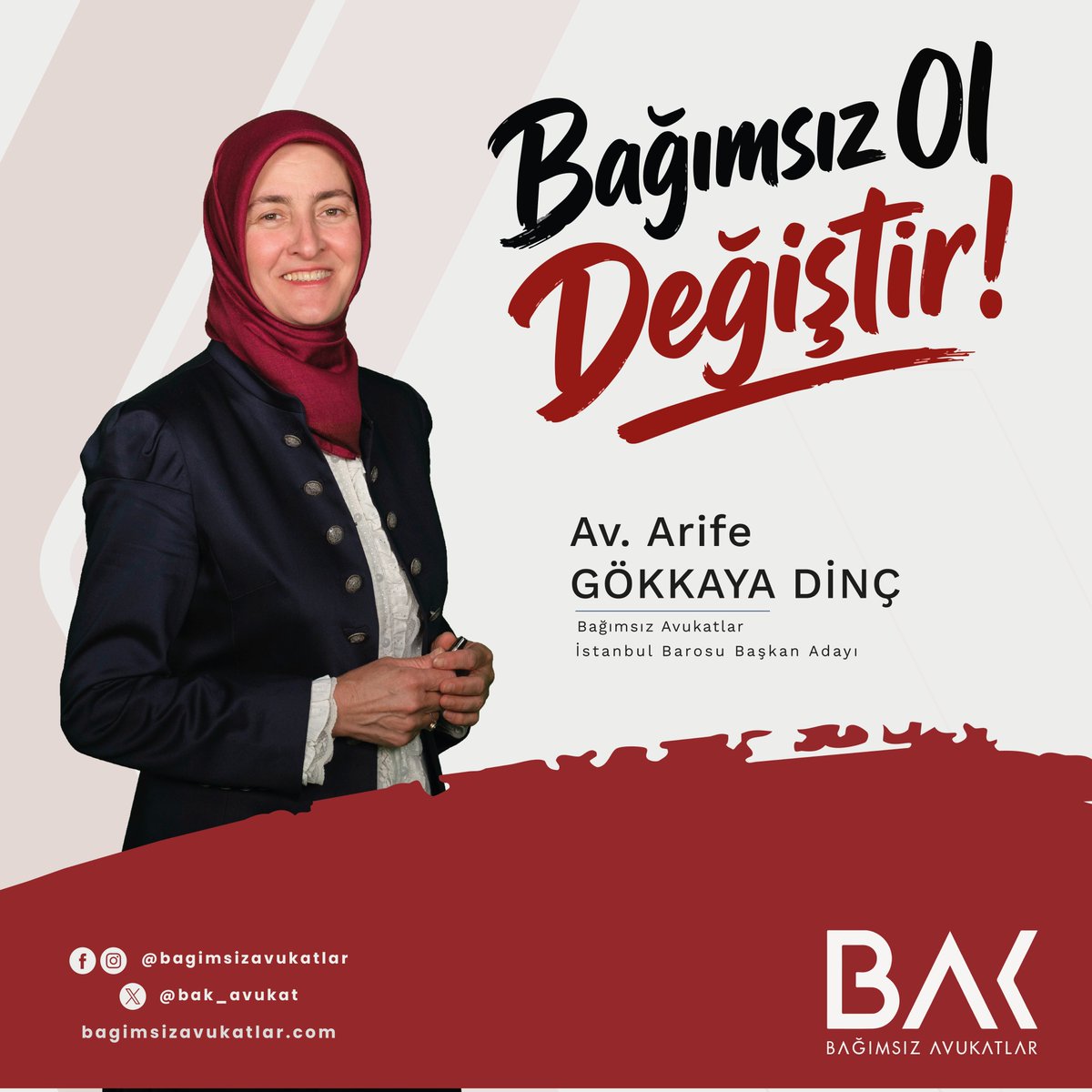 bak_avukat's tweet photo. BAĞIMSIZ AVUKATLAR İSTANBUL BAROSU BAŞKAN ADAYINI AÇIKLADI!

AV. ARİFE GÖKKAYA DİNÇ KİMDİR?

1973 Antalya doğumludur. İlk, orta ve lise eğitimini
Kumluca/Antalya’da tamamladı. Marmara Üniversitesi Hukuk Fakültesi mezunudur. 1994-1998 yılları arası Sarıyer Belediyesi’nde müfettiş ve kamu avukatı olarak çalıştı. Meslek hayatına serbest avukatlıkla devam etti. Evli ve 3 çocuk annesidir.

İnsan hakları alanında faaliyet yürüten STK’larda uzun yıllar aktif görevler aldı. 1998’den beri aralıklı olarak İnsan Hakları ve Mazlumlar için Dayanışma Derneği’nde (MAZLUMDER), yönetim kurulu ve ilgili çalışma gruplarında görevler aldı. İnsan hakları alanında, hakları ihlale uğrayan kişilere, bilhassa ortaöğretim ve üniversite öğrencilerine konferans ve eğitimler verdi.

1997 yılında Tüketiciler Birliği kuruluş ve yönetiminde görev aldı. Tüketici haklarının bilinmesi ve yaygınlaşmasını sağlamak üzere haftalık radyo programı yaptı, eğitim seminerleri verdi. 2021-2026 Dönemi İstanbul Barosu Avukat Hakları Merkezi Yürütme Kurulu üyesidir. Bireysel insan hakları ihlalleri ile ilgili olarak da çok sayıda davada avukatlık yapmıştır. BAĞIMSIZ AVUKATLAR kurucularındandır ve halen serbest avukatlık yapmaya devam etmektedir.