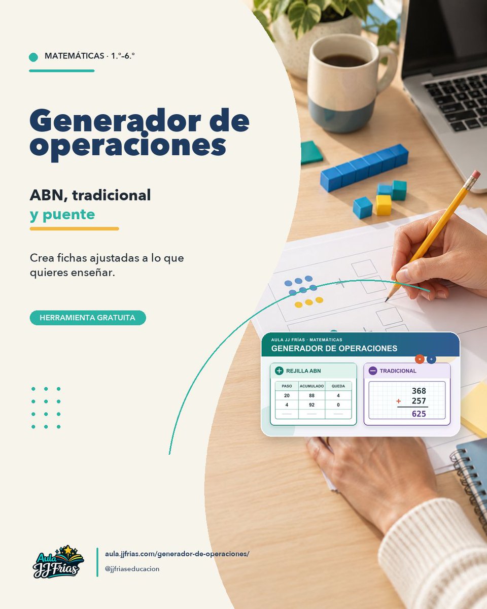 JAJFrias's tweet photo. Una ficha útil no es una colección de cuentas al azar. Este generador gratuito ajusta curso, operaciones, dificultad y formato ABN, tradicional o puente. Guía y acceso: 

https://t.co/ZiA2ZIRN5j 

#Primaria #Matemáticas https://t.co/gVkND6kie7