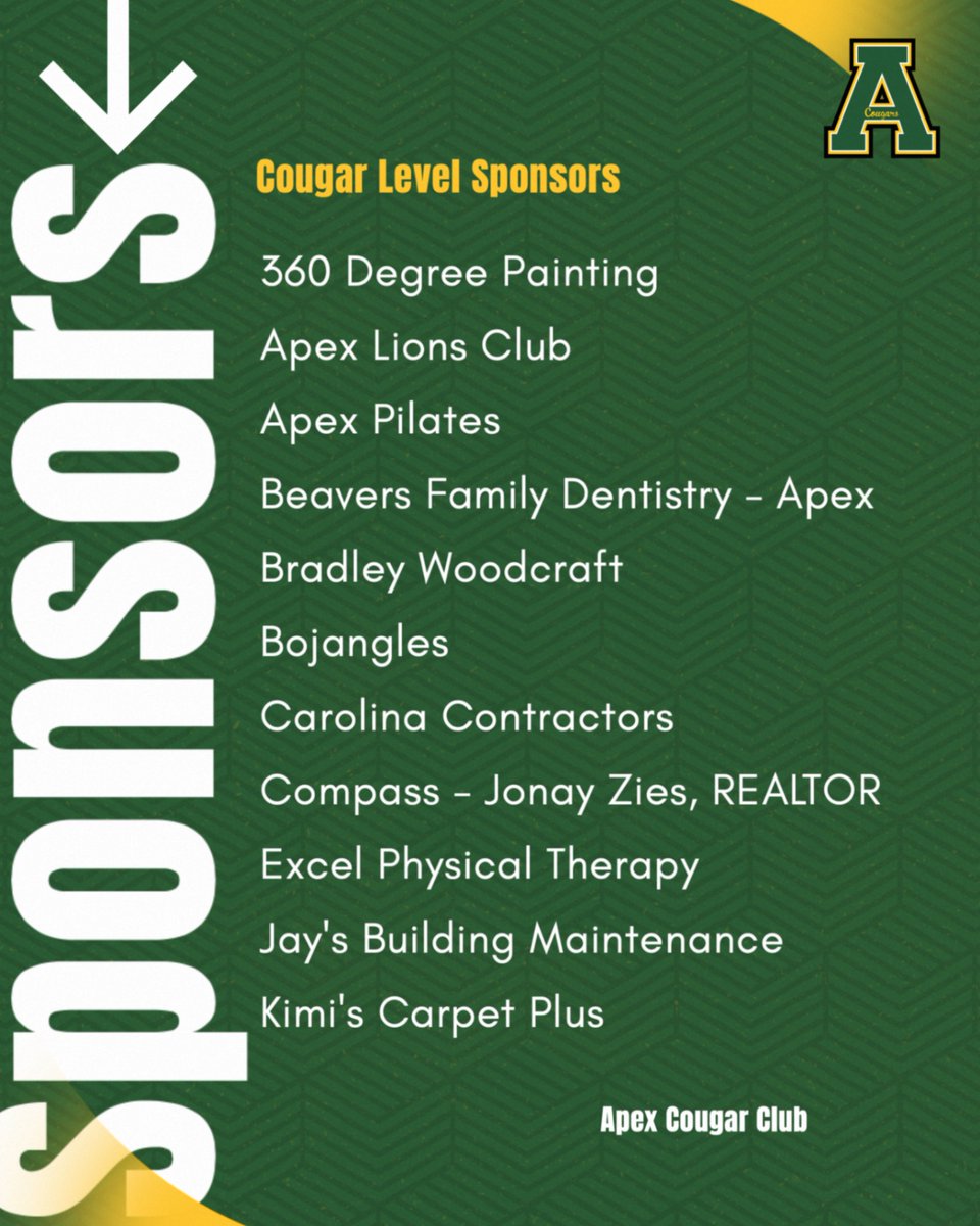 apexcougarclub's tweet photo. Cougar Level:
🐾 Sponsor Night is Friday! Meet our Cougar Level sponsors — local businesses backing Apex Athletics. Support them the way they support us. PEAKS UP! 🏔️💚💛
@ApexHighSchool @apexhsathletics @ApexHScheer @apextrackxc @ApexFB @apexhsgolf @ApexHighTennis @apexvball8 @ https://t.co/nYB8rnYdDy