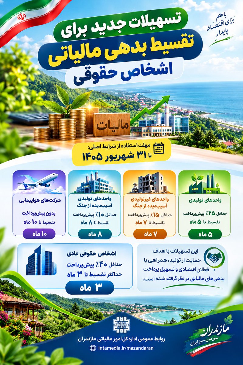 FatollahiS32077's tweet photo. برای برخی کسب‌وکارها، پرداخت یک‌جای بدهی مالیاتی یعنی توقف فعالیت.
حالا اما با تقسیط تا ۱۰ ماه برای شرکت‌های هواپیمایی و شرایط ویژه برای واحدهای آسیب‌دیده از جنگ،
مسیر پرداخت بدهی‌ها قابل نفس کشیدن شده.
#تقسیط_مالیاتی https://t.co/Rmg0cCCuoI