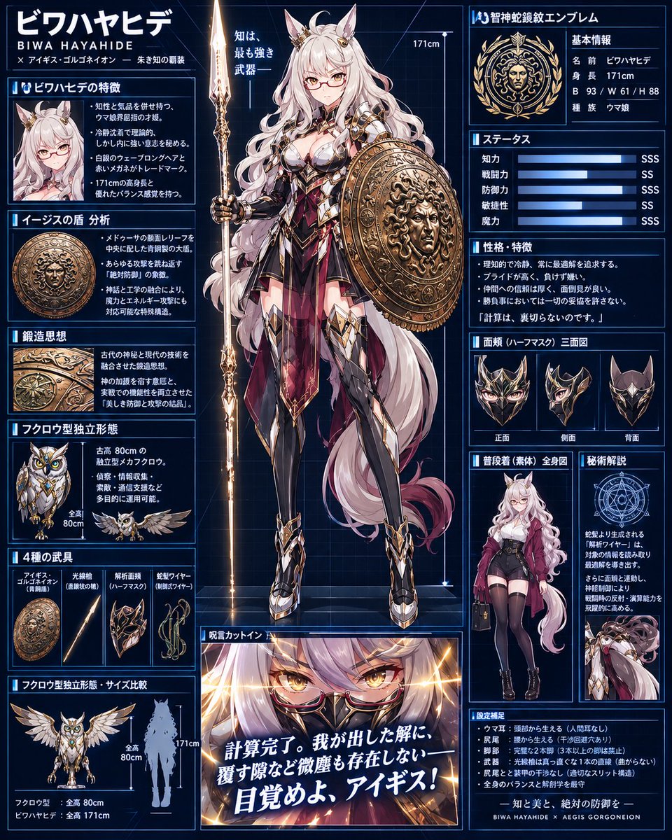 WU0C9's tweet photo. 今日はおビワ×イージスの盾🛡️

テーマタイトル：【真理の一閃・絶対防御の解】

「我が出した解に、覆す隙など微塵も存在しない――目覚めよ、アイギス！」
知恵の女神の盾を携え、絶対的な勝利の方程式を刻む。この美しく完璧な装甲姿を見よ。
#AIイラスト #ウマ娘 #ビワハヤヒデ #イージスの盾 https://t.co/uk77zoPwHm