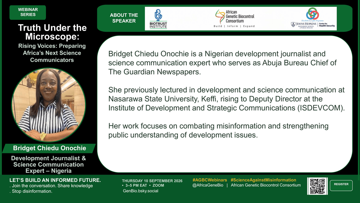 AfricaGeneBio's tweet photo. Dr. Bridget Onochie, Abuja Bureau Chief of The Guardian Newspapers, Nigeria.
🗓️Sep. 10 | 3–5 PM EAT/12 PM GMT
💬What would you ask Dr. Bridget?
🔗Register: https://t.co/X3t4cxjMKC
#AGBCWebinars #TruthUnderTheMicroscope #ScienceAgainstMisinformation https://t.co/798T2d9tMn