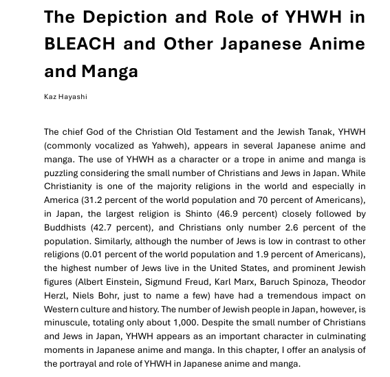 animbecile_94's tweet photo. The collection of essays "Anime, Religion, and Theology" contains a curious article on the depiction of Yahweh, using Bleach as a case study. https://t.co/if9iIhJAMw