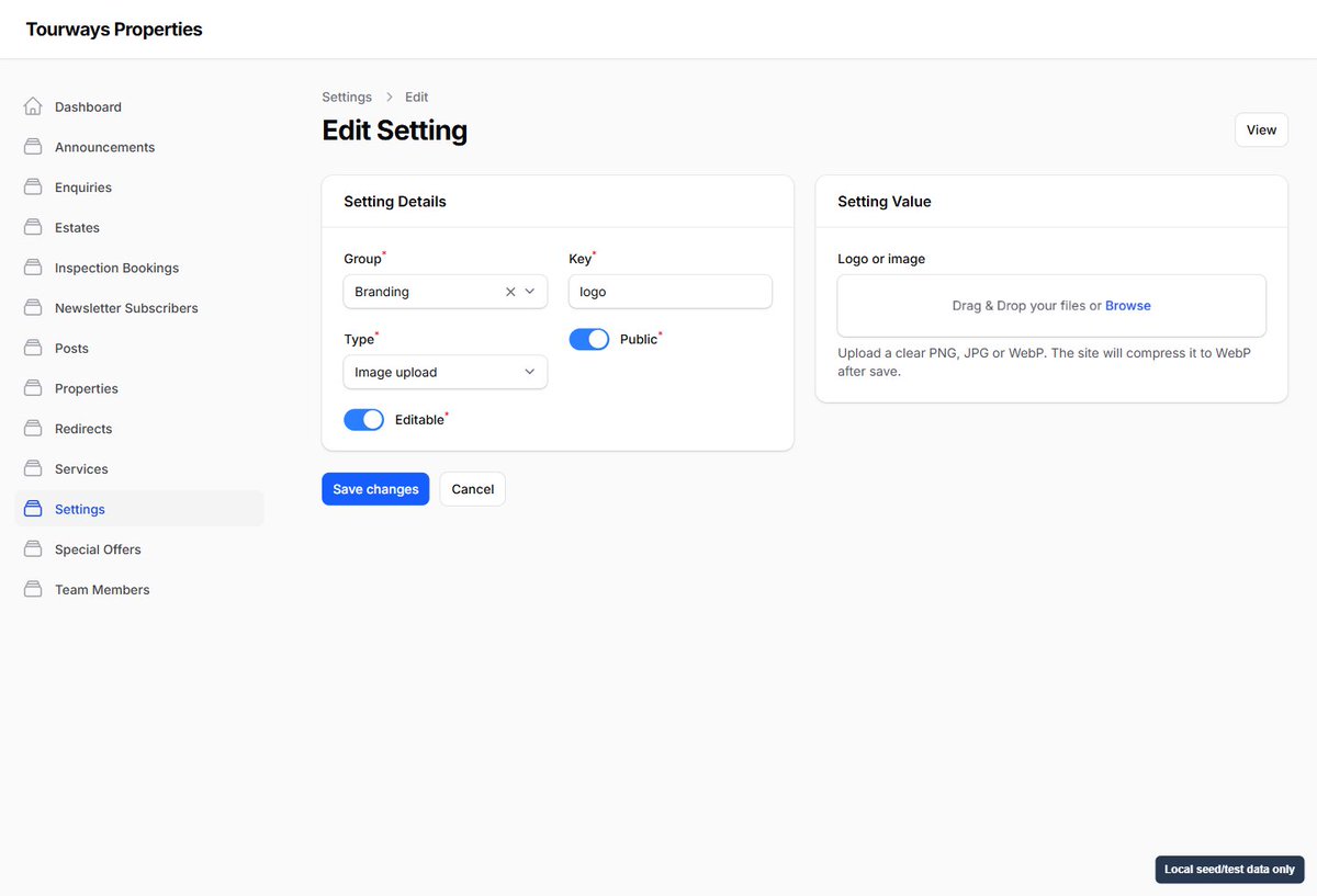 theoydesigns's tweet photo. One handover detail on Tourways: the logo and favicon are editable from the admin panel.

A branding update shouldn't mean finding the developer to replace a file in the codebase.

Small feature, useful control to give the business.

Local demo screenshot. https://t.co/o3gF7YdIqu