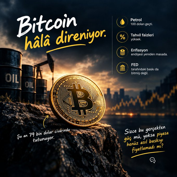 TonyAnteliz's tweet photo. 🚨Şu piyasada Bitcoin’in hâlâ 79 bin dolar civarında tutunması bence başlı başına konuşulacak bir şey.

⛔️ Oil has surpassed $100, bond yields are high, inflation concerns are back on the table, and the pressure from the FED hasn't eased up either. https://t.co/KF9qeEo3WX