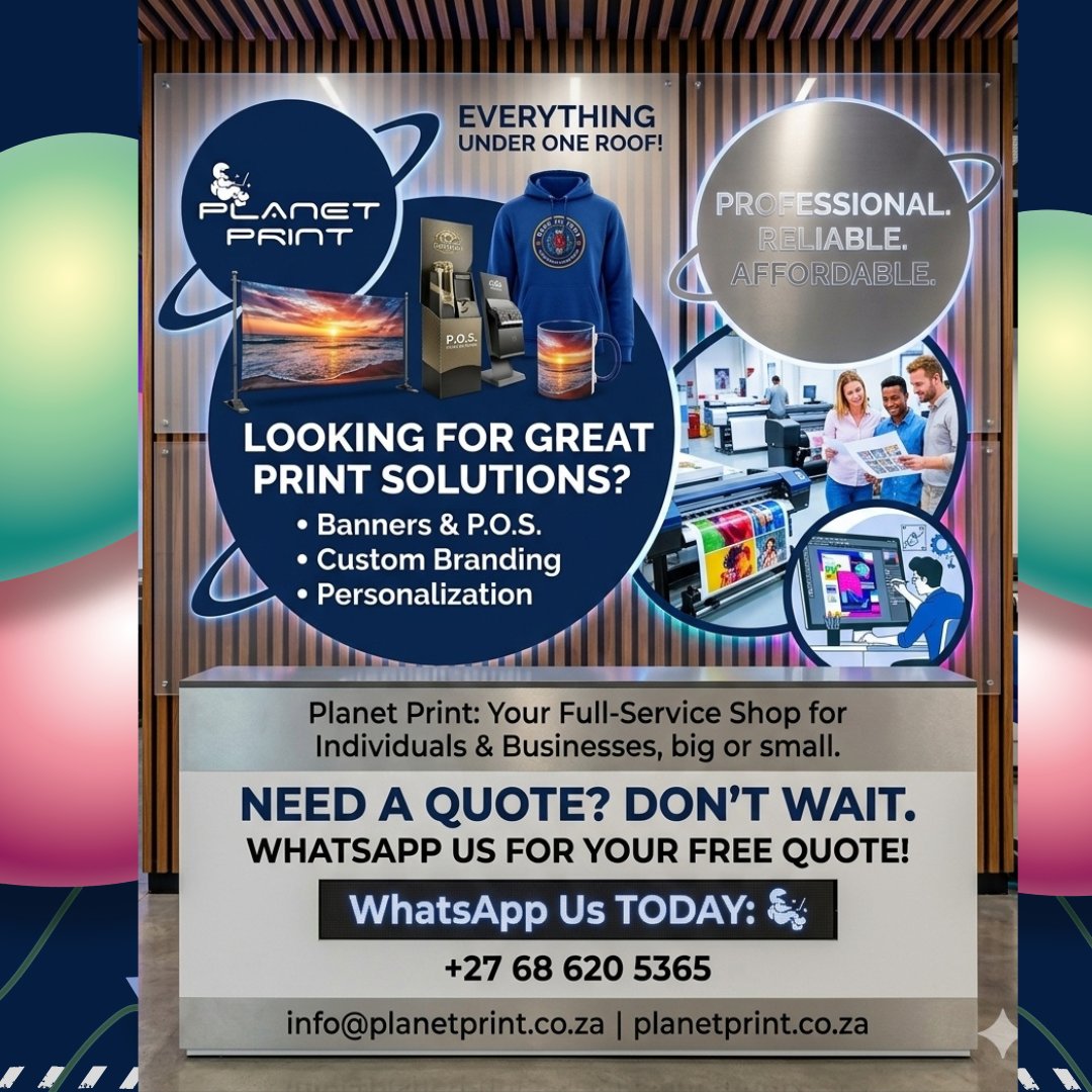 PlanetPrintSA's tweet photo. WhatsApp us TODAY: +27 68 620 5365
info@planetprint.co.za
https://t.co/nUEyJSyG9Y
Professional. Reliable. Affordable.
Need a quote? Don’t wait. WhatsApp Planet Print today for your FREE quote!
#PlanetPrint #Printing #PrintShop #PrintingServices #GraphicDesign #Branding https://t.co/oD0jNS2L1G