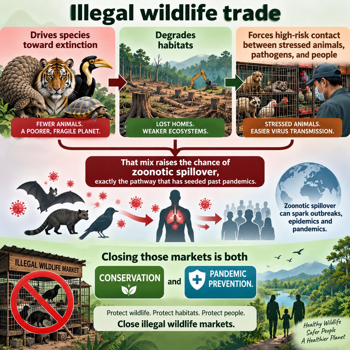 prabhatmisra's tweet photo. Well said, respected @doctorsoumya. Illegal wildlife trade is one of the biggest challenges for #Health.

🦠 Illegal wildlife trade:

- drives species toward extinction
- degrades habitats
- forces high-risk contact between stressed animals, pathogens, and people

🌍 That mix raises the chance of zoonotic spillover, exactly the pathway that has seeded past pandemics.

🤗 Closing those markets is both conservation and pandemic prevention.

#OneHealth #ZoonoticSpillover #Conservation #PandemicPrevention

@INTERPOL_EC @WOHCongress @PeterDaszak @UNEP @UNGeneva @AntivirusPark @RedTapeMovement