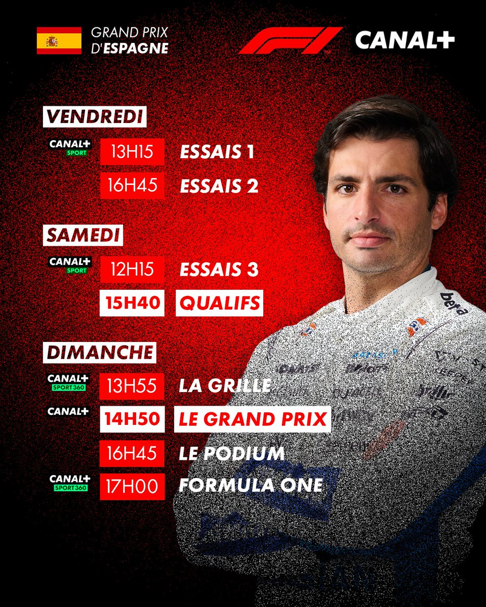 CanalplusF1's tweet photo. Le programme de votre week-end F1 sur le Madring 😍

Prêts pour cette grande première ? 🇪🇸 #F1 #SpanishGP https://t.co/jokutF6gAQ