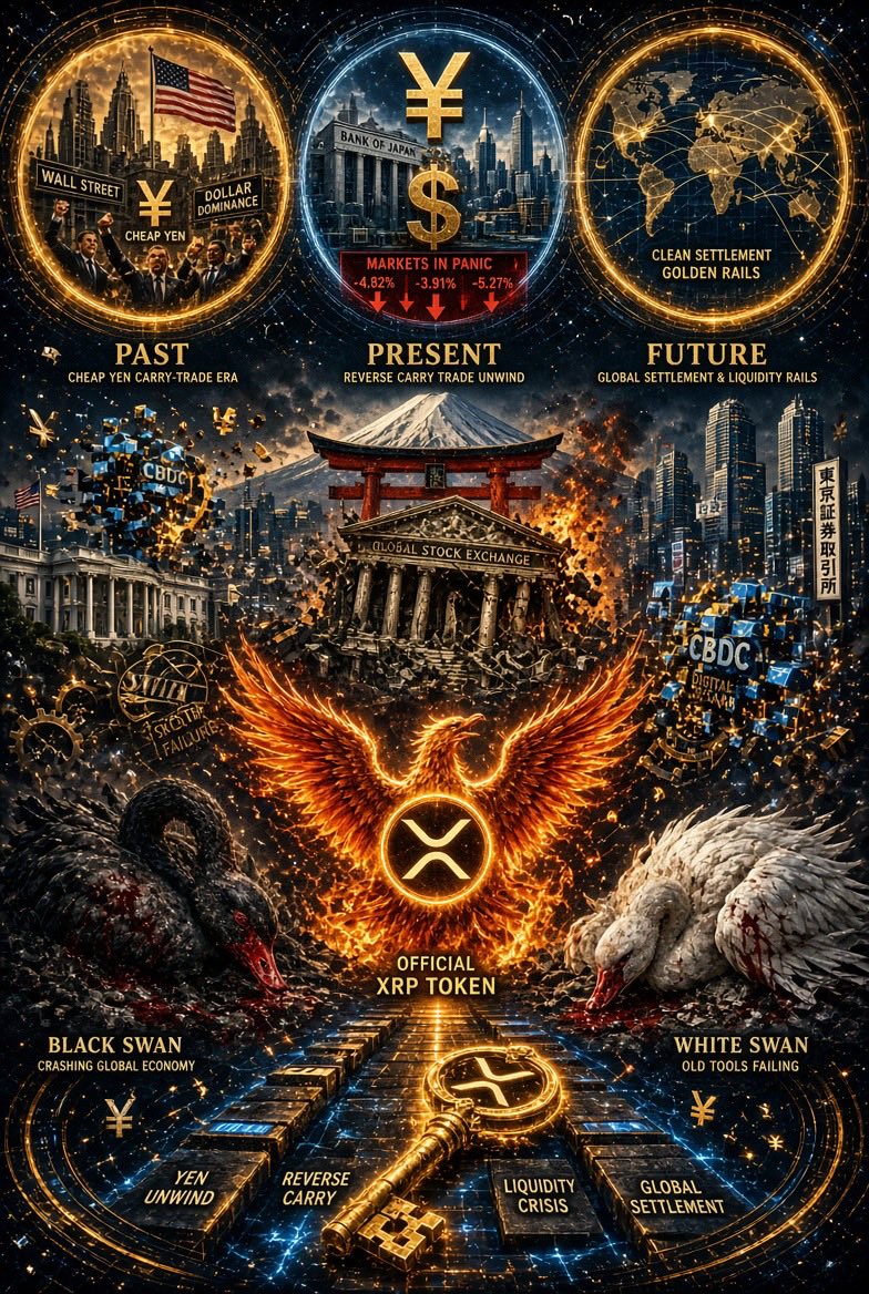 XRPMoonWalkK's tweet photo. The reverse carry trade isn’t a headline. 

It’s a margin call on a $2 Trillion(+) yen funding pipe.

Michael Gayed has been screaming it for years. 

Jake Claver called the mechanics early. 

Cheap yen in. 

Risk assets out. 

When the yen rips and Japan hikes, that leverage doesn’t politely unwind. It liquidates.

Stocks. Credit. Crosses. Crypto beta. 

Same pipe.

When the funding currency snaps back, somebody still has to move value across rails without waiting three days for correspondent banks to clear the wreckage.

That’s the plumbing.

XRP doesn’t care if the S&P is red or USDJPY is getting squeezed. 

It settles. 

Fast. Cheap. Final.

Gayed’s thesis: the unwind is the event.

Claver’s frame: the reverse carry is the trigger. 

The missing piece most desks still ignore: when liquidity gets yanked, the market needs a bridge that isn’t the same broken dollar-yen carry machine that just blew up.

Hold the line. 

Watch the yen. 

Watch Japan. 

And remember.

Who does the pipes, when the old ones burst?

@leadlagreport 
@beyond_broke 

ripple:native 🪠