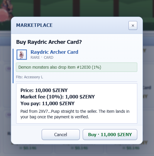 Xbenzo62's tweet photo. Been grinding on @IdleROGame and finally found a Raydric Archer Card in the marketplace! The 10,000 ZENY price plus fee is tempting, especially with the 1% drop chance. #IdleRO https://t.co/YIw1wpA7Pz