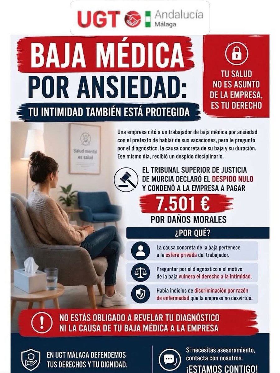 ugtmalaga's tweet photo. 📌 Baja médica por ansiedad, tu intimidad está protegida. Te lo explicamos desde UGT Málaga 👌👌 https://t.co/BuJtStL4Vk