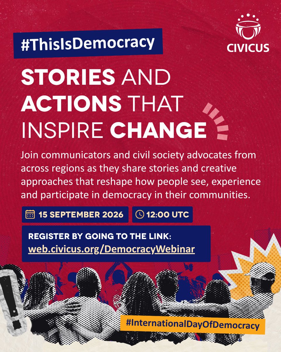 CIVICUSalliance's tweet photo. Democracy lives in everyday actions, conversations and collective efforts.       

Join us as we explore how communicators and civil society are using storytelling and creative communications to promote democracy!      
🎟️ Register: https://t.co/3nFSCo5I9s   

#ThisIsDemocracy #InternationalDayOfDemocracy