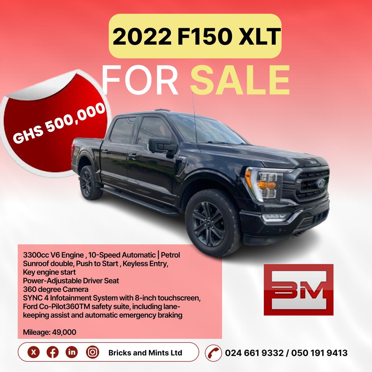 SparkleHomhib's tweet photo. 2022 Ford F-150 XLT available: 3300cc V6, Ford Co-Pilot360 safety suite, 10-speed automatic, 360° camera, power seats, keyless entry, and 49, 000 miles. Price: GHS 500, 000. Inquiries: 024 661 9332 https://t.co/TGr2usHZ39