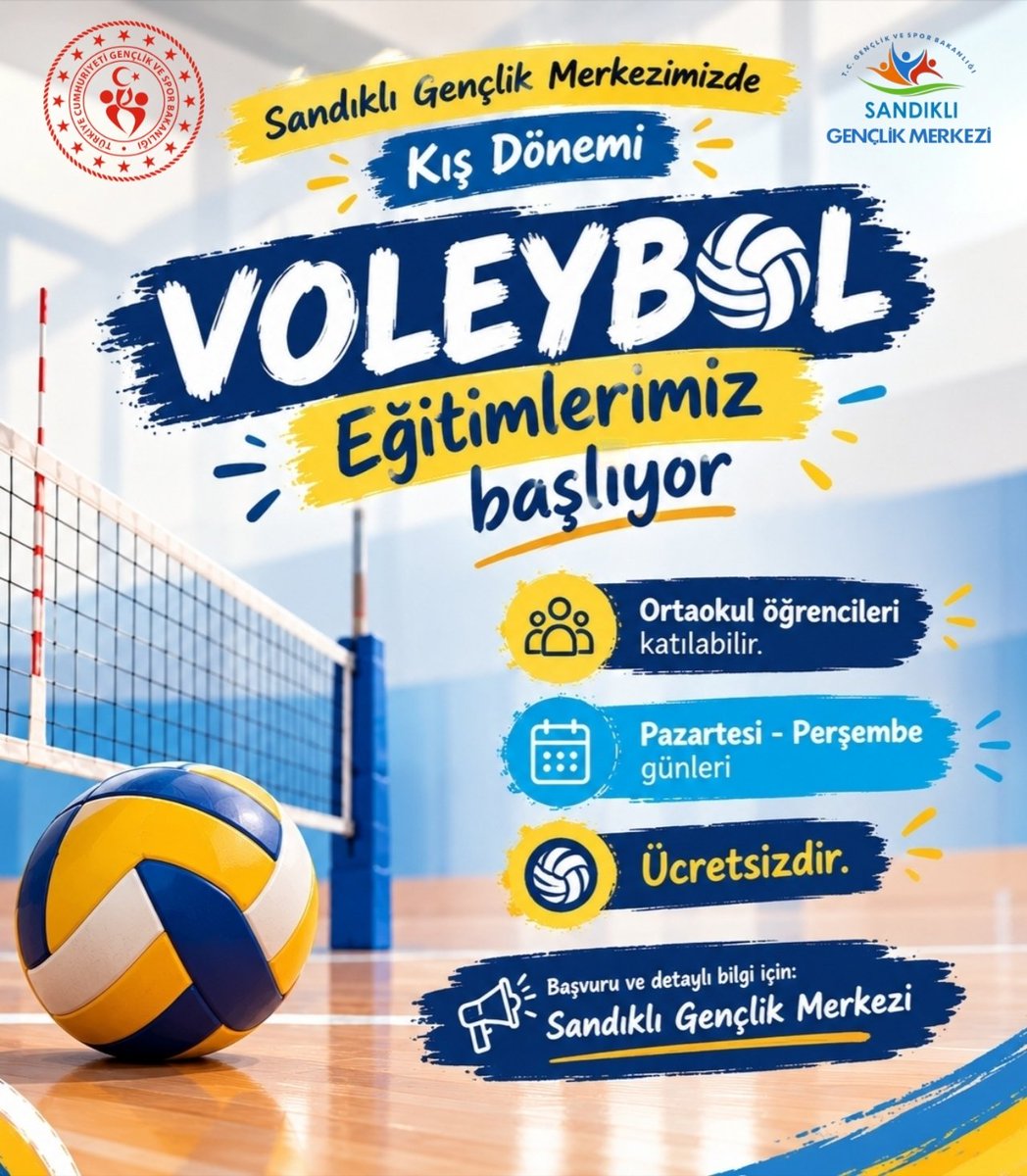 GSB_SandikliGM's tweet photo. 🏐 Sandıklı Gençlik Merkezimizde Kış Dönemi Voleybol Eğitimlerimiz Başlıyor! 

📅 Pazartesi &amp; Perşembe günleri
🎯 Ortaokul öğrencileri katılabilir 
▪️ Ücretsizdir

📍 Başvuru ve detaylı bilgi:
Sandıklı Gençlik Merkezi https://t.co/kJOldJFe8I