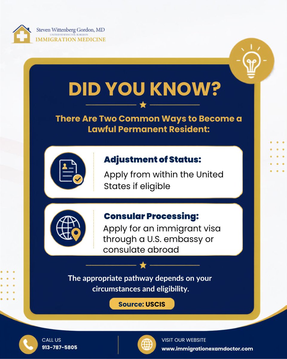 drgordon_md's tweet photo. There are two common paths to lawful permanent residence: Adjustment of Status from within the U.S. and consular processing abroad.
Which one applies depends on your eligibility and circumstances.
#GreenCard #AdjustmentOfStatus #ImmigrationFacts https://t.co/rMQIqrVFg7