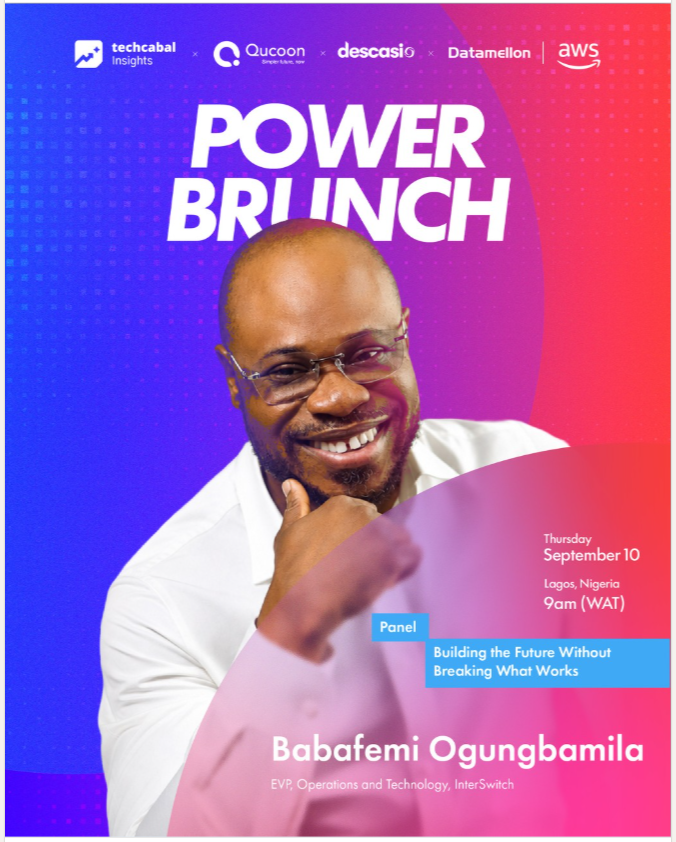 InterswitchGRP's tweet photo. Our EVP, Operations &amp; Technology, Babafemi Ogungbamila will be live at the #PowerBrunch by @TechCabal &amp; he will be joined by other industry leaders to discuss Building the Futue without Breaking What Works.

Join the conversation, let's build Nigeria’s digital future.

#Never20P https://t.co/JYEfzCMrme