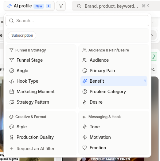 fasttracktech_'s tweet photo. Want to see every ad selling "Better Sleep"? One click.

I just added sentiment analysis filters for meta ads.

You can now filter ads by things like benefit, primary pain, desire, audience, angle, hook type, emotion, tone and more. https://t.co/cETmpGSAEd