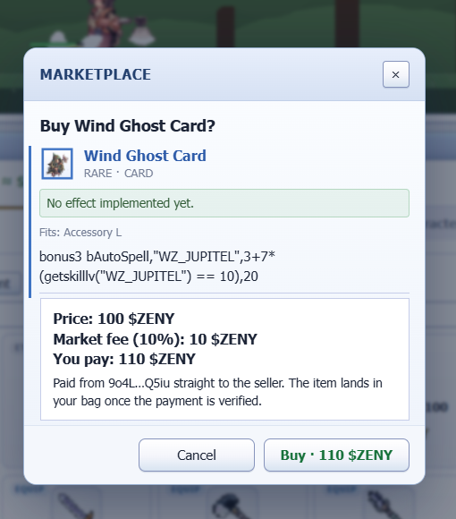 LiLoxbt63's tweet photo. Marketplace hunting in IdleRO paid off today! I came across a Wind Ghost Card and the total cost is 110 ZENY including the market fee. Not sure how strong this card will be for my build yet, but discovering useful gear is part of the fun! @IdleROGame #IdleRO https://t.co/GciJvFcDVz