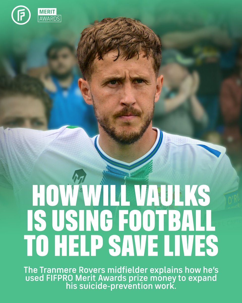FIFPRO's tweet photo. “Awareness without action isn’t enough.”

This World Suicide Prevention Day, Will Vaulks explains how he’s used his 2025 FIFPRO Player Voice Award prize money to expand his suicide-prevention work.

🔗 https://t.co/kgBwQebEYZ 

#MeritAwards https://t.co/ri3iIrfDOV