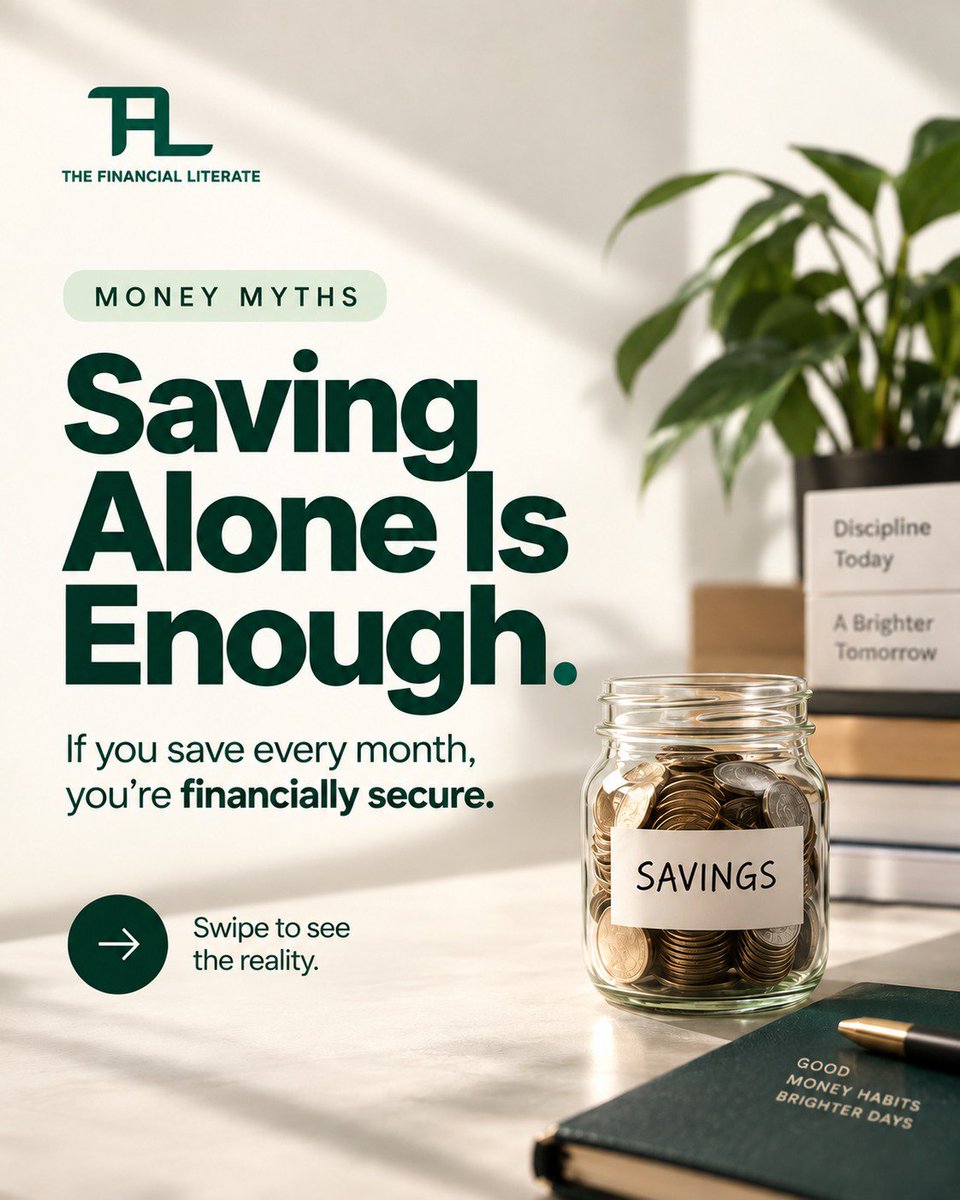 TheFinLiterate's tweet photo. Myth: If you save every month, you are financially secure.

Truth: Saving keeps you safe today. It does not protect you from tomorrow's inflation. 

Swipe to see the real difference between saving and building wealth. You need both.

Which one have you actually been doing? https://t.co/QimJYIm3cn