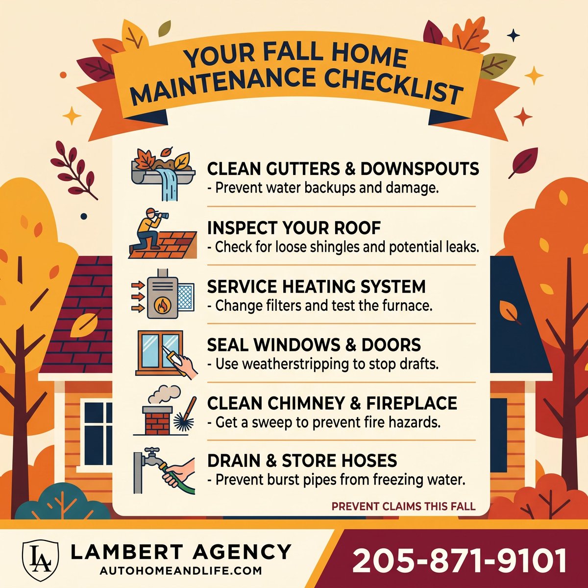 lambertagents's tweet photo. 🍂 As the leaves start to change across Alabama, it's time to prepare your home for the cooler months. A little prevention now can save you from major problems (and insurance claims!) later.

Here is a simple fall (cont) https://t.co/VERQ49gqvD https://t.co/29LC7TWCAE