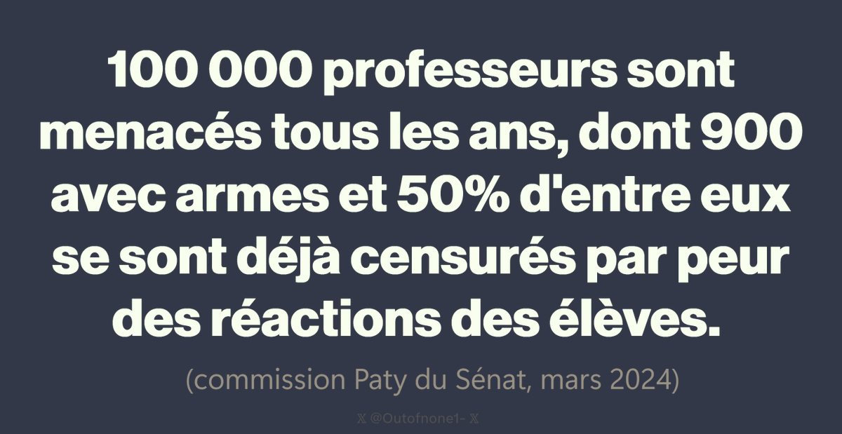 Outofnone1's tweet photo. Les salles de classe sont devenues des champs de bataille, en grande partie à cause de la submersion migratoire extra-européenne (tout le monde le sait), et sur fond de destruction de l'autorité éducative (et du "pas-de-vaguisme" de l'administration).

100 000 professeurs menacés tous les ans, dont 900 avec arme, soit 4 à 5 par jour (commission Paty au Sénat) !

On ne retrouvera aucune attractivité sans prendre en compte cela.