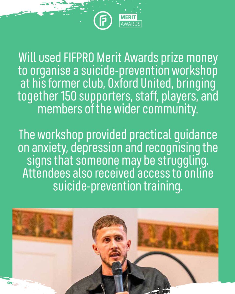 FIFPRO's tweet photo. “Awareness without action isn’t enough.”

This World Suicide Prevention Day, Will Vaulks explains how he’s used his 2025 FIFPRO Player Voice Award prize money to expand his suicide-prevention work.

🔗 https://t.co/kgBwQebEYZ 

#MeritAwards https://t.co/ri3iIrfDOV