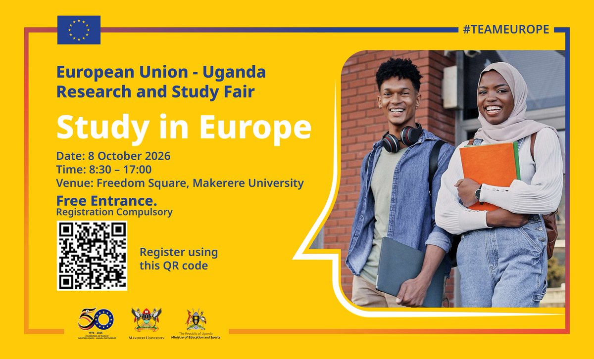 EUinUG's tweet photo. 🎙️As we celebrate #EUandUganda50, we invite students, researchers, academics &amp; innovators to the 2026 EU–Uganda Research &amp; Study Fair! 

Come discover opportunities to study, research, connect &amp; shape our future together. 🇪🇺🇺🇬

Free entry, register👉: https://t.co/vHADynjmDV https://t.co/m8YaQuTenw