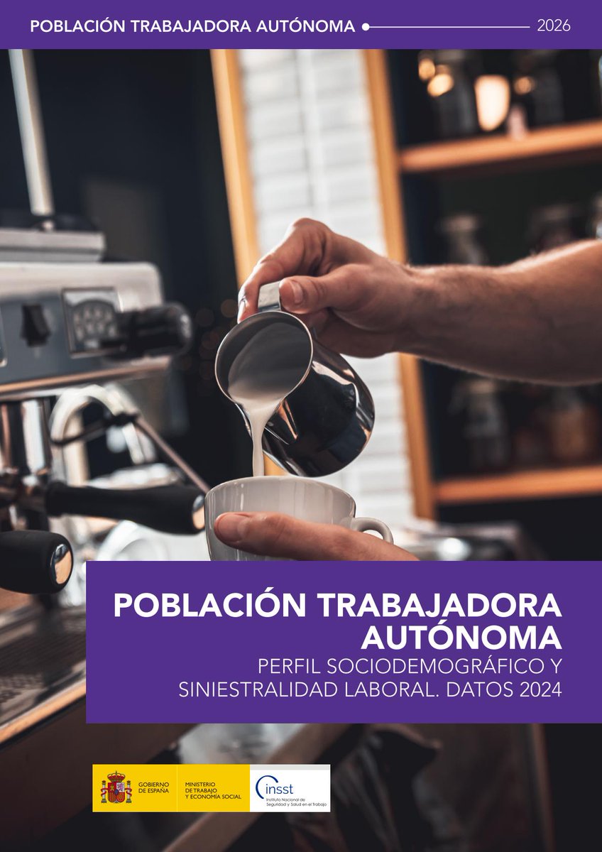 Portada del documento con el título "Población trabajadora autónoma. Perfil sociodemográfico y siniestralidad laboral. Datos 2024". Imagen de manos de barista vertiendo leche en taza junto a máquina de café.