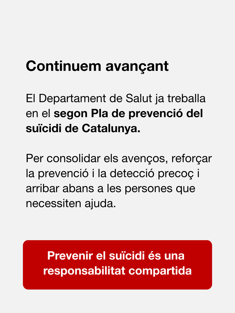 salutcat's tweet photo. Treballem en el segon Pla de prevenció del suïcidi de Catalunya, per consolidar els avenços i continuar reforçant la prevenció i la detecció precoç.

Prevenir el suïcidi és una responsabilitat compartida. https://t.co/Z68PanxsGT