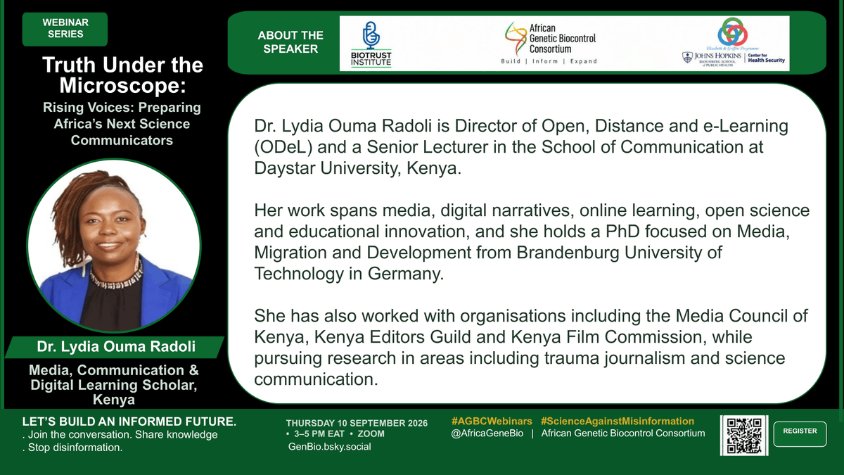 AfricaGeneBio's tweet photo. Dr. Lydia Radoli, Director of Open, Distance and e-learning (ODeL) and Senior Lecturer in the School of Communication at Daystar Univeristy, Kenya, .

🗓️Sep. 10 | 3–5 PM EAT/12 PM GMT
💬What would you ask Dr. Radoli?
🔗Register: https://t.co/X3t4cxjMKC

#AGBCWebinars #Scicom https://t.co/RxS1GWtbwE