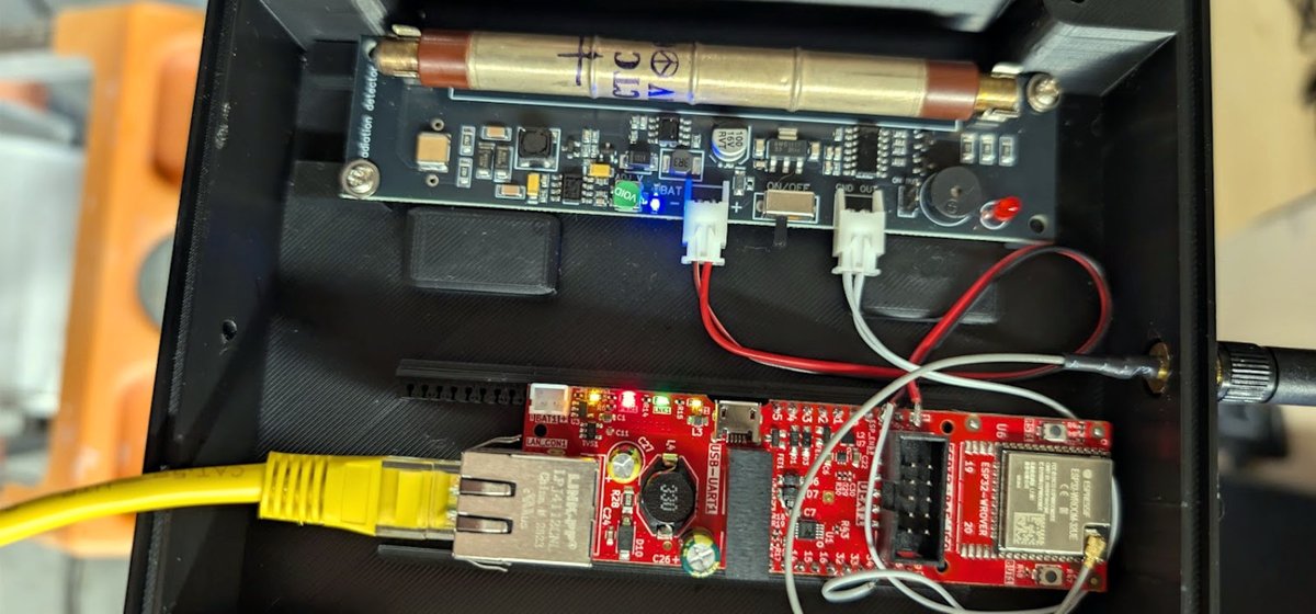 uRADMonitor's tweet photo. ☢️ A working PoE #radiation sensor on ~30 lines of YAML. Pavel used a SBM20 tube, GGreg20_V3 frontend, Olimex ESP32-POE-ISO, one cable for power &amp; data. No custom firmware, just stock #ESPHome, with #HomeAssistant uploading to #uRADMonitor network. 🧵 https://t.co/dYmWqmnx0l https://t.co/wb73owAInD