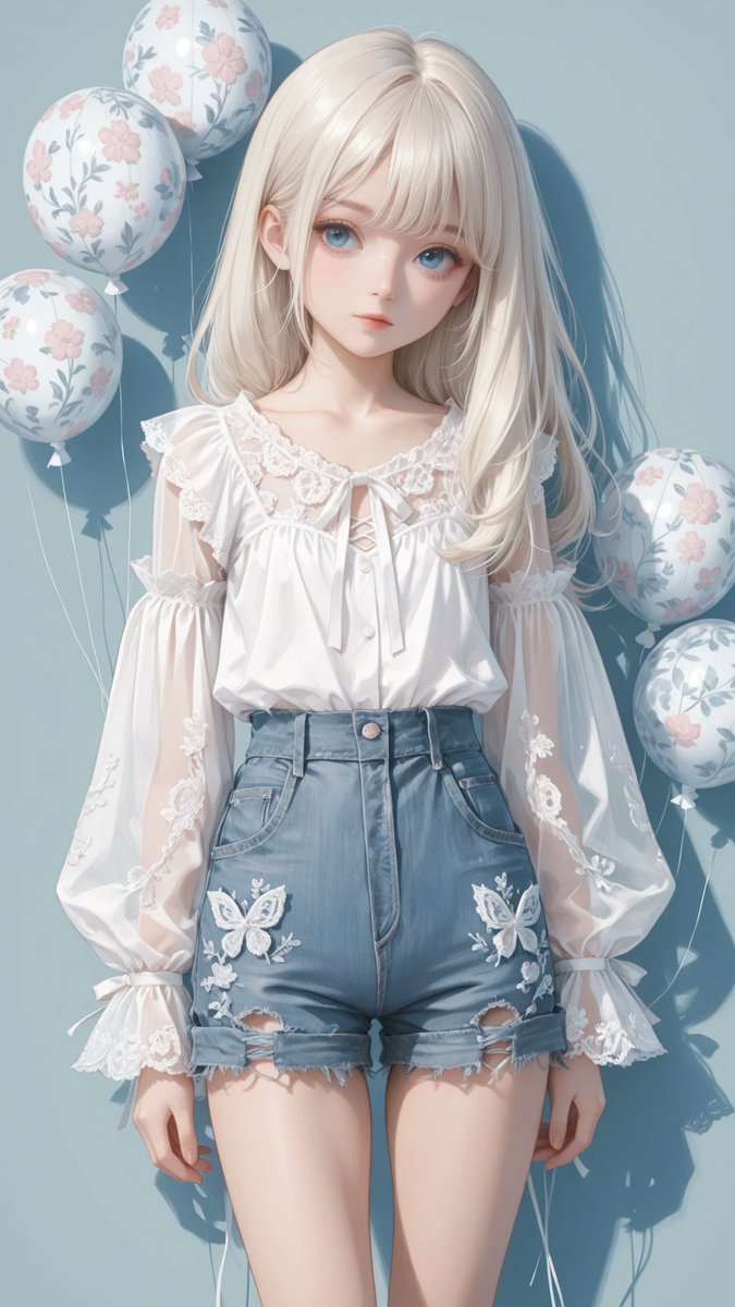 AliceLavli's tweet photo. 総レースブラウスとデニムショートパンツのコーデの衣装プロンプトをどうぞ✨
outfit only, strict garment structure, strict color placement, separate ivory-white lace blouse and medium-blue denim short pants, loose hip-length blouse covered entirely in delicate floral lace, opaque ivory-white lining beneath the torso only, unlined semi-sheer lace sleeves, small round neckline encircled by a narrow gathered lace ruffle, long loose balloon sleeves, each sleeve narrowing at the wrist into two soft layered lace-ruffle cuffs, straight loose blouse body, narrow scalloped lace trim and one gathered lace ruffle along the blouse hem, blouse worn untucked over the shorts, separate medium-blue washed-denim high-waisted short pants, fitted waist and straight short legs ending at the upper thighs, visible center-front seam, both leg openings encircled by a wide ivory floral-lace band, narrow blue denim ruffle beneath the lace, one small ivory embroidered butterfly appliqué placed symmetrically near the outer front of each leg opening, fixed colors: ivory white only for the blouse and lace decorations, medium blue only for the denim shorts, fair porcelain skin with a cool pale undertone