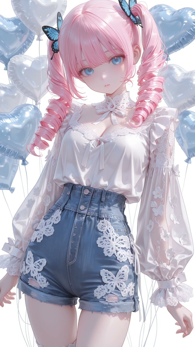 AliceLavli's tweet photo. 総レースブラウスとデニムショートパンツのコーデの衣装プロンプトをどうぞ✨
outfit only, strict garment structure, strict color placement, separate ivory-white lace blouse and medium-blue denim short pants, loose hip-length blouse covered entirely in delicate floral lace, opaque ivory-white lining beneath the torso only, unlined semi-sheer lace sleeves, small round neckline encircled by a narrow gathered lace ruffle, long loose balloon sleeves, each sleeve narrowing at the wrist into two soft layered lace-ruffle cuffs, straight loose blouse body, narrow scalloped lace trim and one gathered lace ruffle along the blouse hem, blouse worn untucked over the shorts, separate medium-blue washed-denim high-waisted short pants, fitted waist and straight short legs ending at the upper thighs, visible center-front seam, both leg openings encircled by a wide ivory floral-lace band, narrow blue denim ruffle beneath the lace, one small ivory embroidered butterfly appliqué placed symmetrically near the outer front of each leg opening, fixed colors: ivory white only for the blouse and lace decorations, medium blue only for the denim shorts, fair porcelain skin with a cool pale undertone