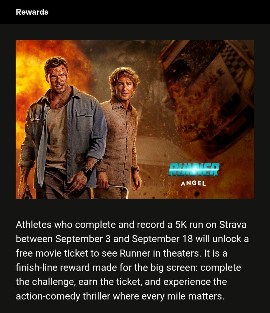 CheguyCounsel's tweet photo. Just noticed this achievement on Strava, signed up for the free movie ticket. Why not. I feel like I haven't noticed a no strings attached freebie like this since Red Bull mailed out sample cans at the start of the year. Hope I see more Strava challenges like this. https://t.co/fm0FdY3McD