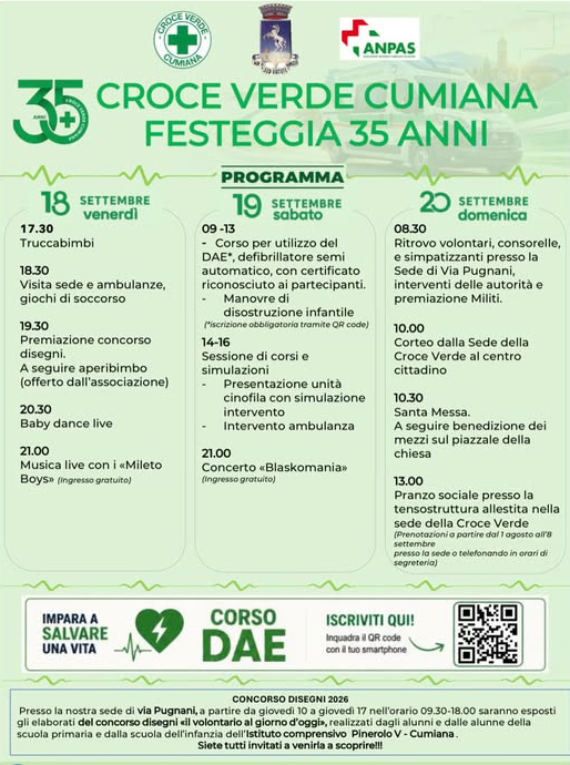 AnpasPiemonte's tweet photo. La Croce Verde di #Cumiana compie 35 anni: dal 18 al 20 settembre tre giorni di festa presso la sede per celebrare volontari e comunità. #Anpas https://t.co/vbE4b8FCV7 https://t.co/E12BYQFb9J