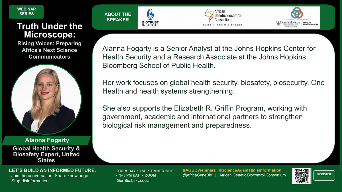 AfricaGeneBio's tweet photo. 🎙️ Meet our moderator!
Alanna Fogarty, ready to lead the conversation!
🗓️Sep 10 | 3–5 PM EAT/12 PM GMT
📌What question should she ask? Drop it below!👇
Register: https://t.co/aumkl9QLHN
#AfricaGeneBio #TruthUnderTheMicroscope #ScienceCommunication #ScienceAgainstMisinformation https://t.co/biQZ1rWAsg