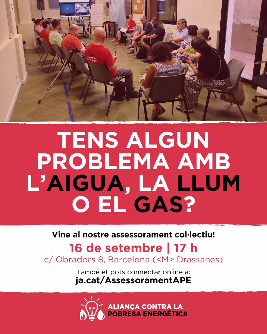 APE_Cat's tweet photo. 🔴 Tens algun problema amb l'aigua, la llum o el gas?

🙋‍♀️ El pròxim dimecres organitzem un nou assessorament col·lectiu.

🗓️ 16 de setembre
⏰ 17 h
📌 c/ Obradors 8, Barcelona <M> L3 Drassanes

📲 Opció online: https://t.co/chL6ufMvoE

#AssessoramentAPE https://t.co/NMSPsBsqXc